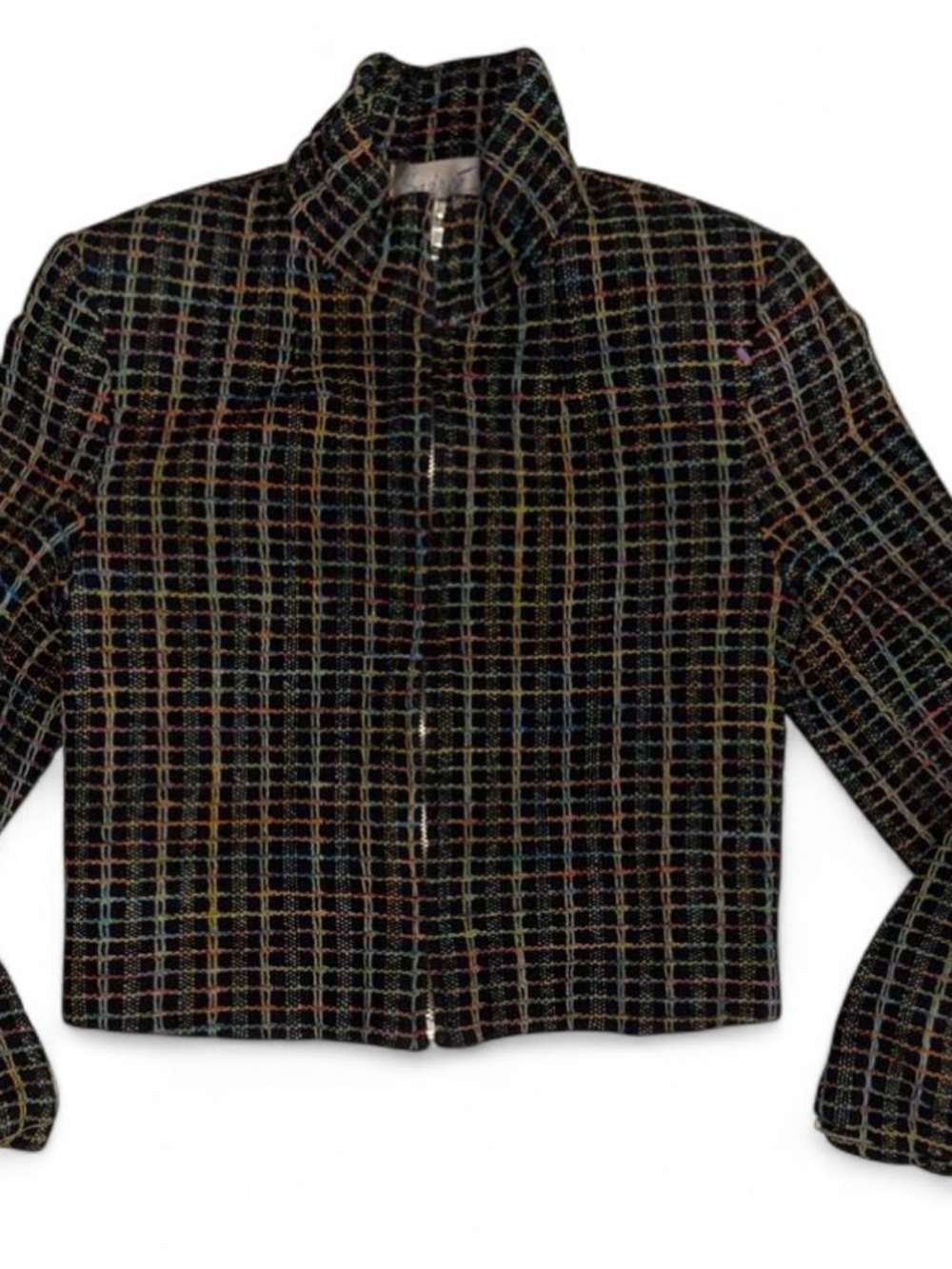 Cropped Black Multi-Color Grid Zip Jacket